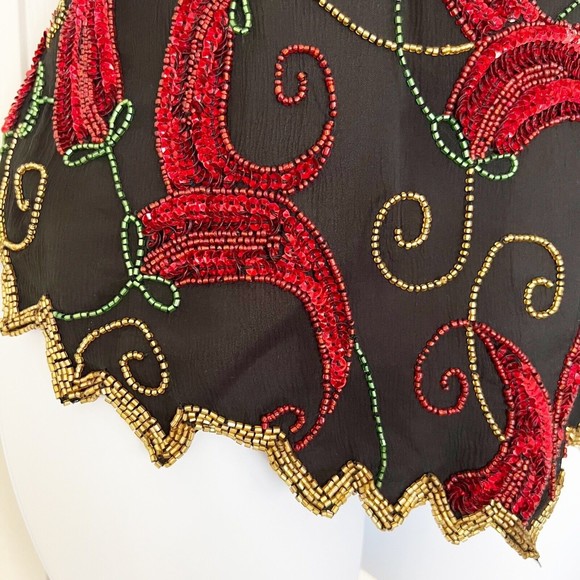 Scala Vtg Short Sleeve Chili Peppers Silk Sequined Beaded Blouse Evening Top, M - Picture 2 of 11